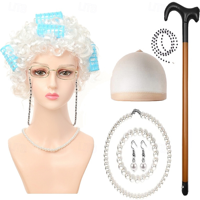 Peluca de anciana con rulos, collar de perlas, pendientes y bastón para mujeres y niñas, disfraz de abuela para cosplay de 100 días de escuela, accesorio para fiesta de Halloween 2026 - $27.99 –P6