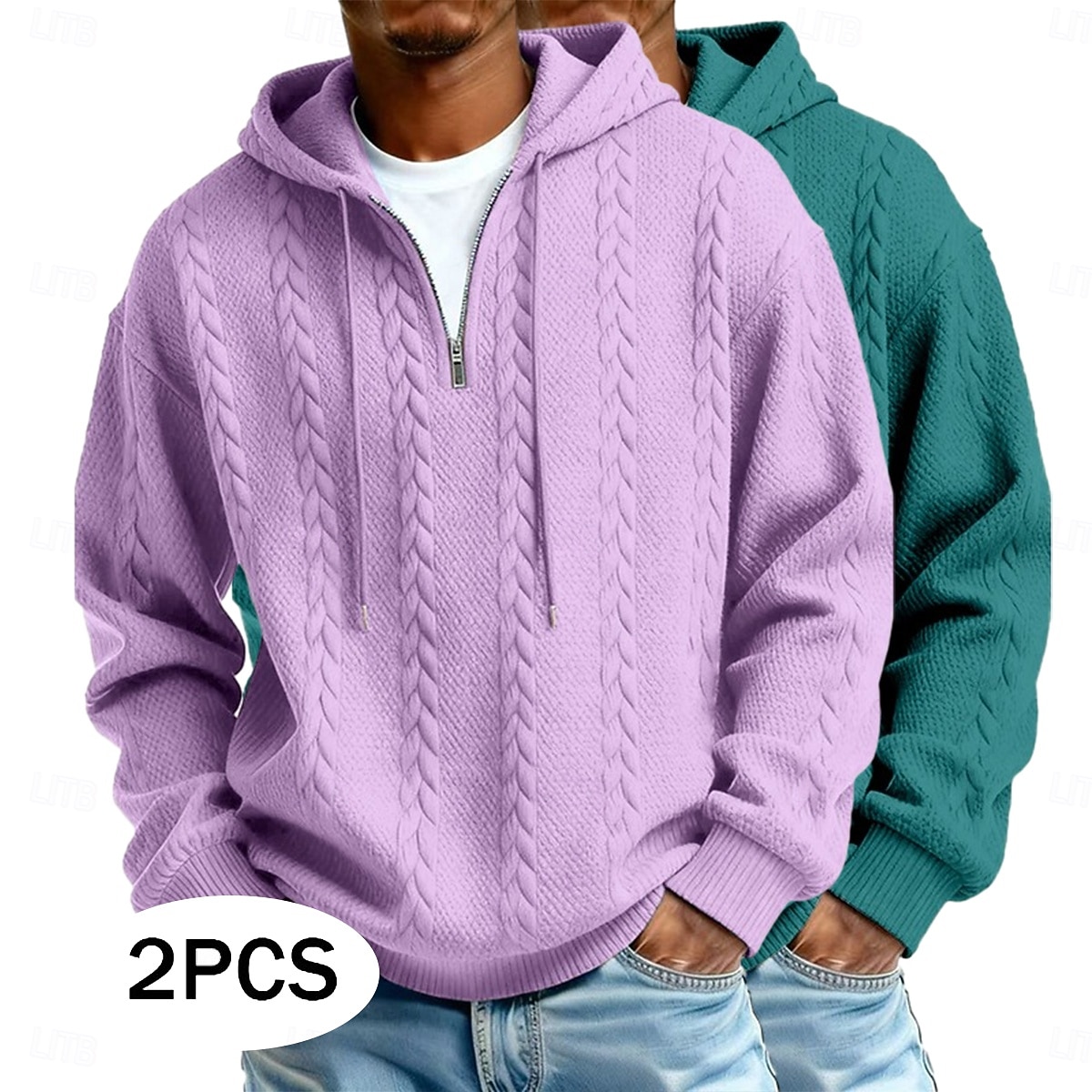 Herre Jacquard Hattetrøje Hettegenser med glidelås Lyseblå + svart Hvit+lys grå Med hette عادي Med Tekstur Avslappet Daglig Sport & Utendørs Polyester Gatemote Kul Sportsklær Høst vinter Vår & Vinter 2026 - $47.99 –P1