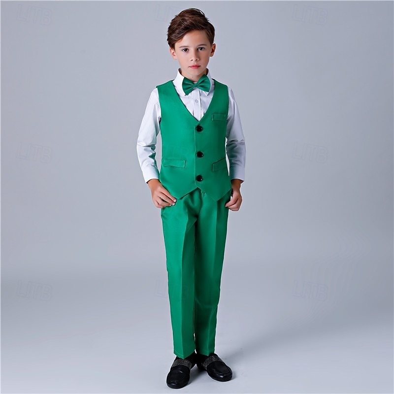 Costume de garçon d'honneur 4 pièces avec gilet & chemise  &Pantalon garçon, costume habillé décontracté, tenue de soirée tendance pour les fêtes en extérieur, basique et élégant, couleur unie bleu, de 2026 ? $33.99 –P5