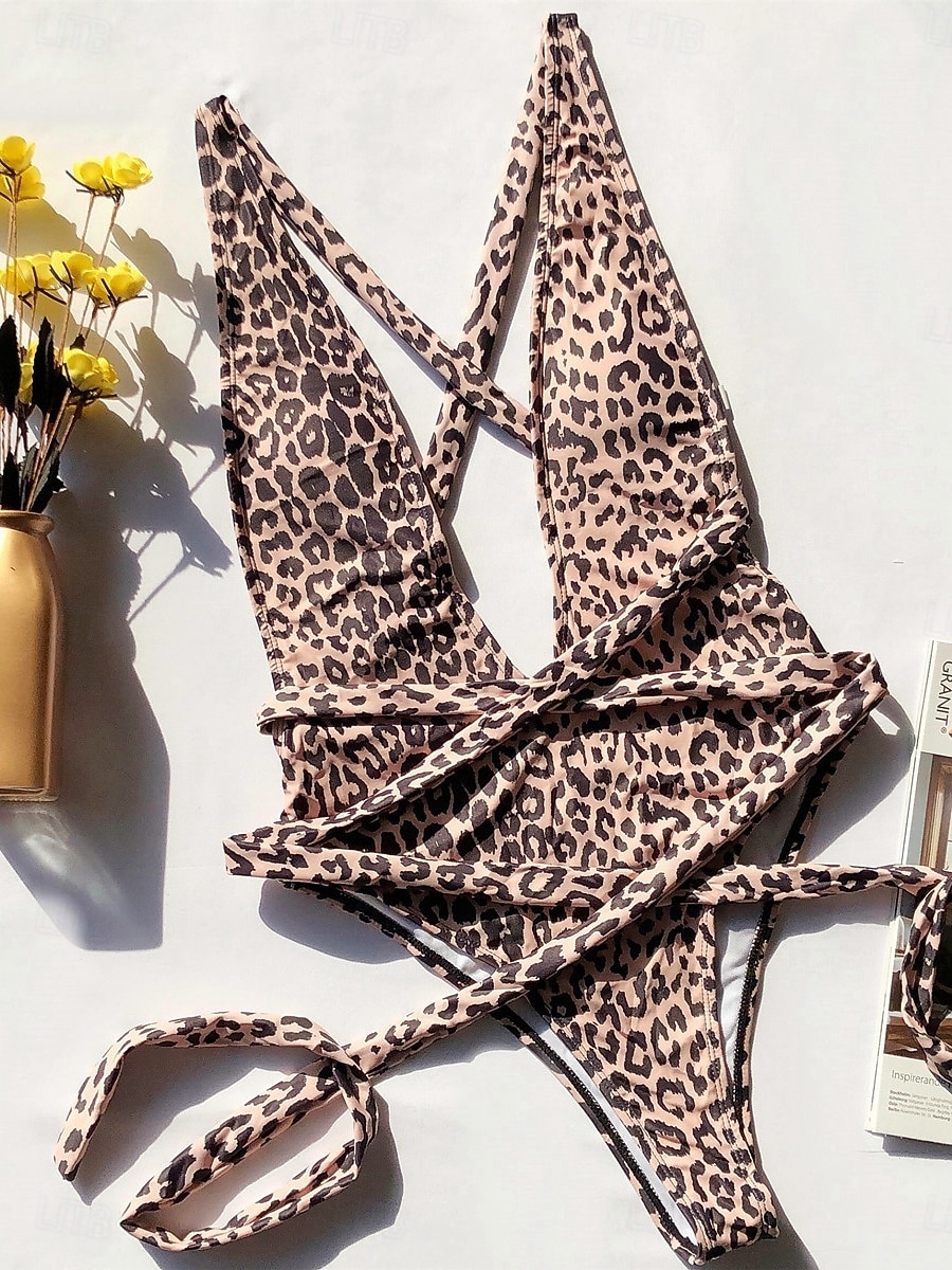 Costume da bagno intero da donna snellente monokini leopardato controllo della pancia vita alta snella senza schienale abbigliamento da spiaggia scollatura a V senza maniche del 2026 a $8.49 –P15