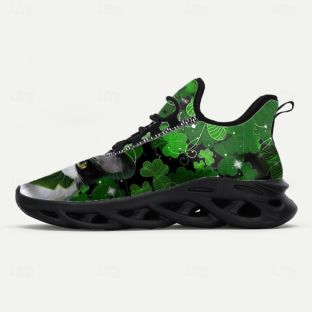 Herrsneakers med St. Patrick's Day-tema – grönt shamrock- och kattmönster, bekväma, perfekta för St. Patrick's Day-fester och roliga evenemang 2026 - $42.99 –P7
