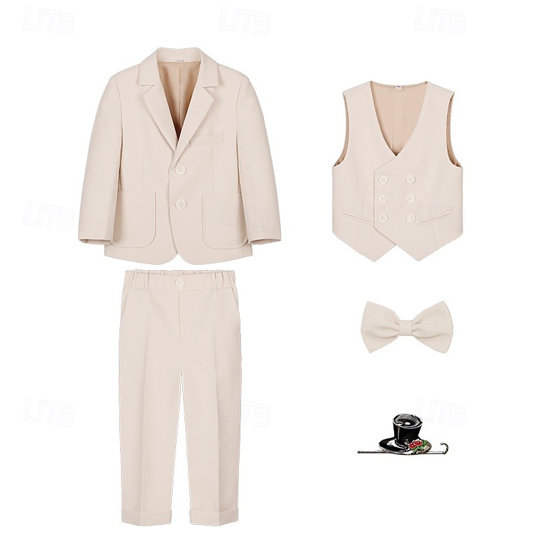 Costume 5 pièces pour garçon d'honneur, avec blazer. &gilet & pantalon  &Costume garçon avec cravate, tenue décontractée pour les fêtes en extérieur, style basique, bleu, beige, gris, polyester de 2026 ? $57.99 –P4