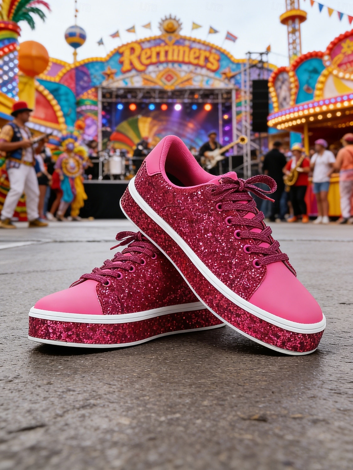 Damsneakers med rosa glitter och snörning – glittrande platåskor för vardagsbruk, karneval, festivaler och fester 2026 - $46.99 –P5