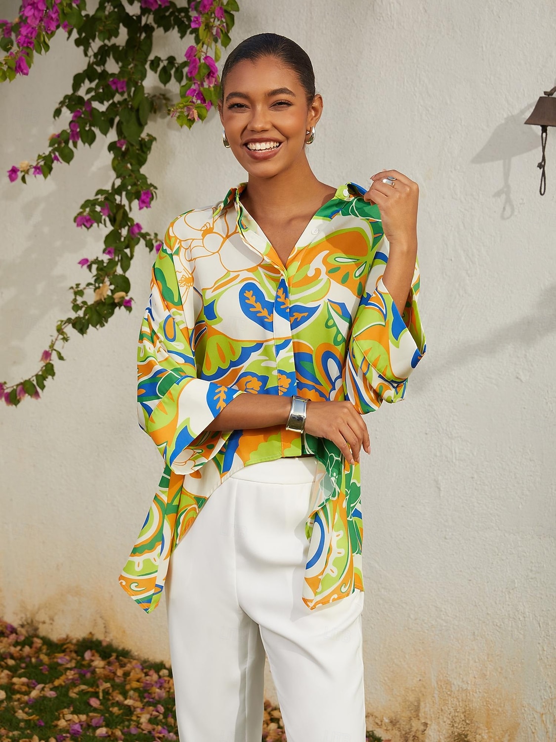 короткая шифоновая рубашка с цветочным принтом и рукавами-летучками в стиле каникулярного зеленого цвета с асимметричным кроем 2026 - $72.99 –P4