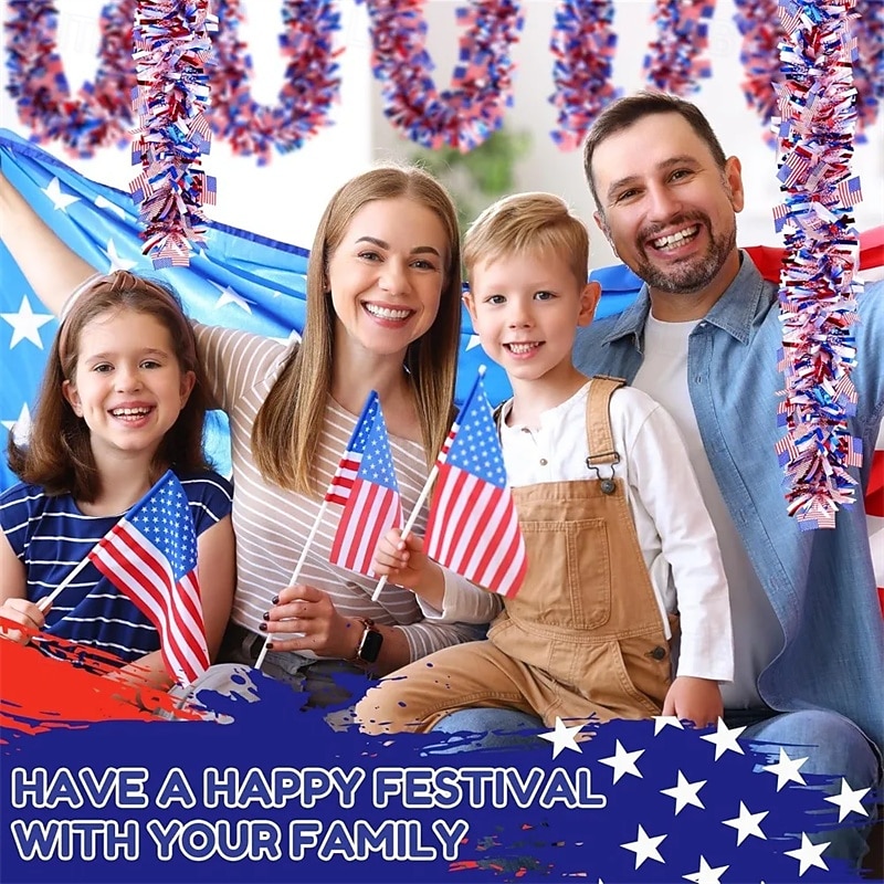 66 Ft Patriotic Tinsel Garland with American Flags, Thick & Fluffy Red White Blue Metallic Garland for 4th of July Independence Day, Memorial Day Decorations, USA Home Party Supplies Decoration 2026 - $26.99 –P3