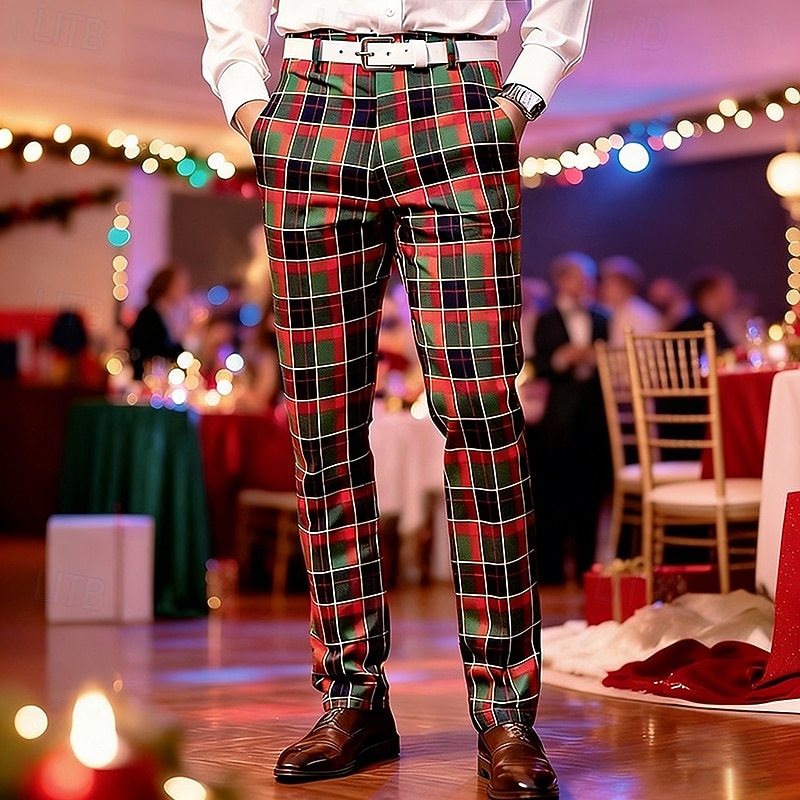 Chino Mens Plaid Red Pants Men's Trousers Dress Pants Chinos Pocket Buttons  Plaid Comfort