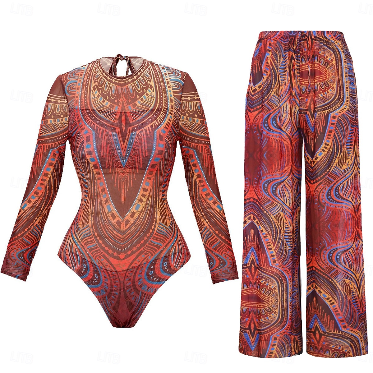 Damen Badeanzug Einteiler Monokini Bademode Bauchkontrolle Hohe Taille Schlank Rückenfrei Urlaub Strandbekleidung Blumen Rundhals Langarm Badeanzüge 2026 - $67.99 –P2