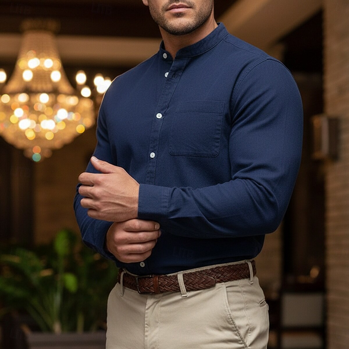 Hombre Camisa Camisa casual Camisa con cuello mao Rosa Azul Marino Gris Manga Larga Plano Collar mandarín Casual Exterior Bolsillo Ropa Poliéster Neutral Moda Diario Casual 2026 - $24.99 –P7