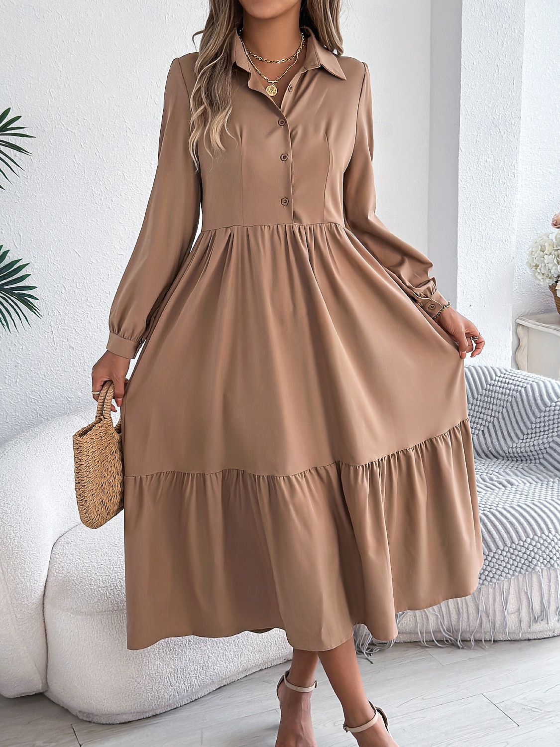 Women's Midi Dress A Line Dress Casual Daily Regular Fit Plain Long Sleeve Lapel Blue Navy Wine Green Spring 2026 - $36.99 –P13