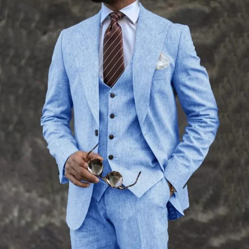 Men's Blazer+Vest+Dress Pants Blazer Jacket Suits Business Work Party Elegant Fashion Spring Fall Linen Solid Color 3-Piece Single Breasted Blazer Blue Dark Gray Light Green Pink 2026 - $119.99 –P1