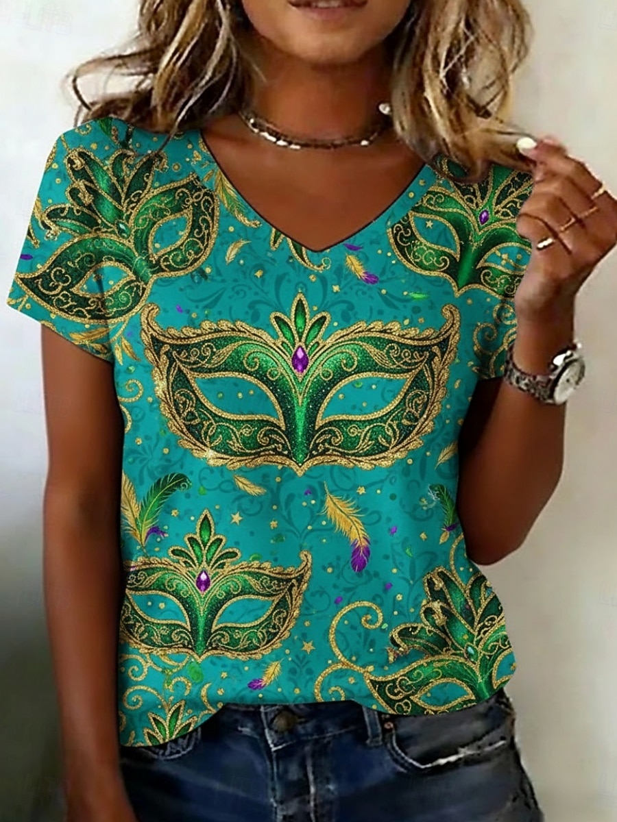 Carnevale Per donna Maglietta Stampato Grafico Astratto Vintage Casual Manica Corta Scollo a V Top Regolari Quotidiano Weekend Abbigliamento da vacanza Blu Estate Primavera del 2026 a $19.49 –P1