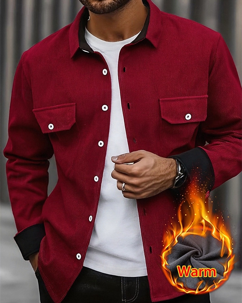 Herren Hemdjacke Cordjacke Freizeitjacke Jacke-Shirt Lässig Täglich Tasche Knöpfe Herbst Winter Farbblock Streetwear Täglich Umlegekragen Regulär Blau Dunkelgrau Rote Khaki Armeegrün Jacken 2026 - $31.99 –P4