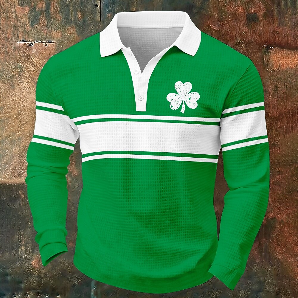St Patrick's Day Men's Shamrock Waffle Polo Shirts Long Sleeve Polo Shirts Collared Shirts Casual Daily Wear Festival Outfit Buttons Spring Fall White Dark Green Green 2026 - $26.99 –P1