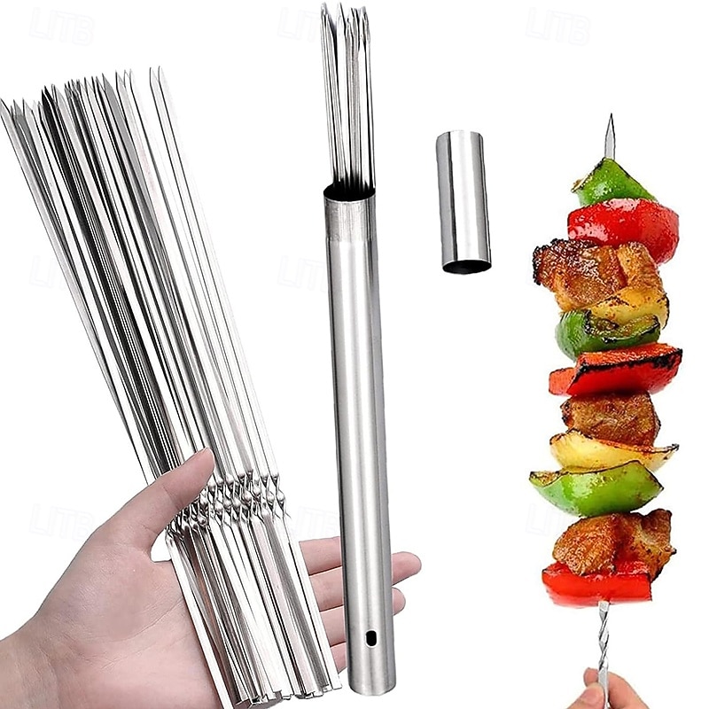 أسياخ شواء من الفولاذ المقاوم للصدأ 304 بطول 35 سم / 13.8 بوصة، أسياخ كباب مسطحة مع أنبوب تخزين معدني محمول عريض، أعواد شواء قابلة لإعادة الاستخدام للحوم والروبيان والدجاج والخضروات 2026 - $8.49 –P1