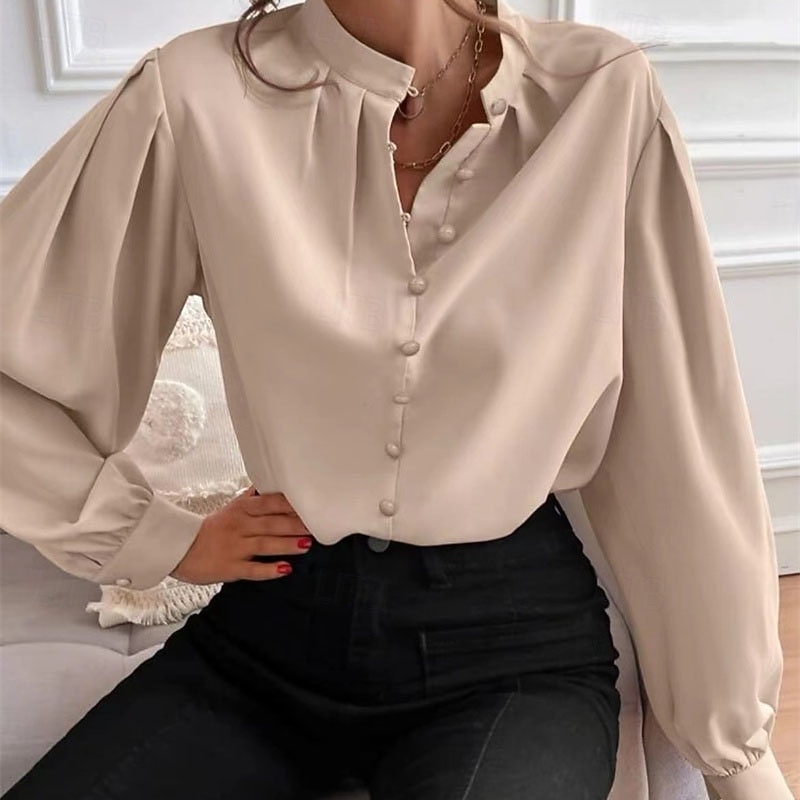 Жен. Рубашка Elegant Атласный верх Блуза Рюши Пэчворк Пуговицы Сплошной цвет Полотняное плетение Элегантный стиль Винтаж Повседневные Длинный рукав Рубашечный воротник Обычные топы 2026 - $26.99 –P4
