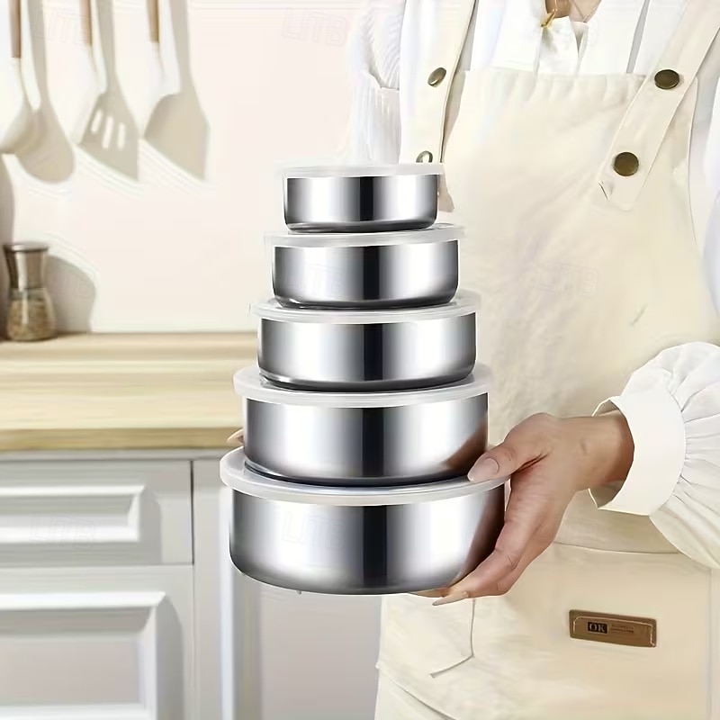 5 stk. fargekodede lokk lufttett matoppbevaringsbeholdersett med lokk - kraftige stabelbare spiskammersorganisatorer, plassbesparende kjøkken &kjøleskapsbeholdere for matlaging, rester, frukt, 2026 - $16.99 –P4