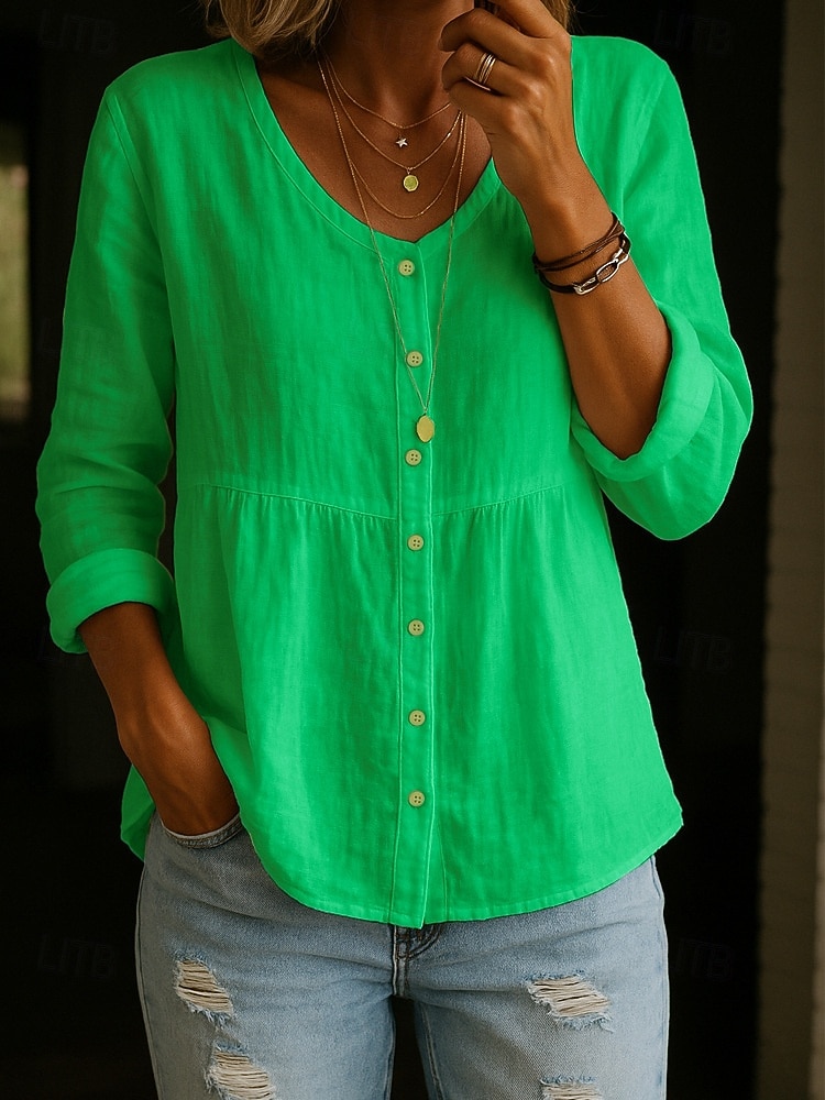 Blusa de Algodón y Lino para Mujeres Botones Color Sólido Elegante Casual Manga Larga Cuello en V Tops Regulares Diario Blanco Amarillo Rosa Verde Verano Primavera Otoño 2026 - $21.99 –P5