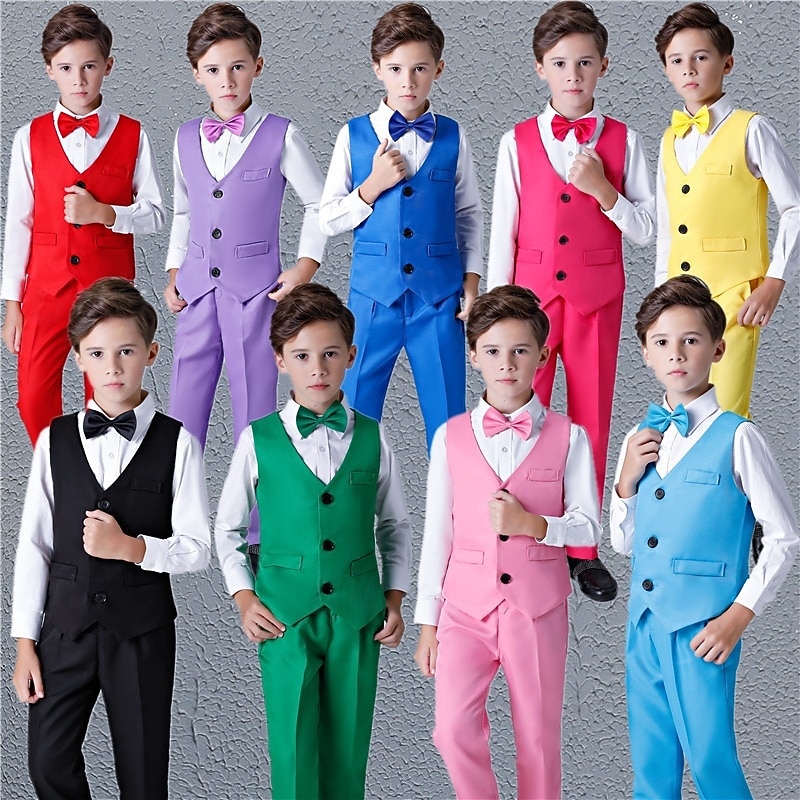 Costume de garçon d'honneur 4 pièces avec gilet & chemise  &Pantalon garçon, costume habillé décontracté, tenue de soirée tendance pour les fêtes en extérieur, basique et élégant, couleur unie bleu, de 2026 ? $33.99 –P1
