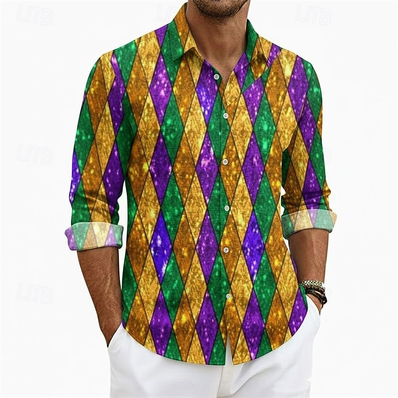 Karnevalshemd für Herren – auffälliger 3D-Diamantdruck im Festivalstil 2026 - $29.99 –P1