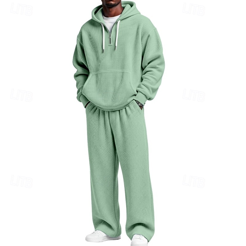 Homens Moletom Moletons Waffle Moletom com capuz e calças Conjunto Capuz Diário Ao ar livre Férias Roupa Diária Com Cordão Half Zip Tecido Vermelho Vinho Preto Branco Roupas Esportivas Esportes Moda de 2026 por $60.99 –P4