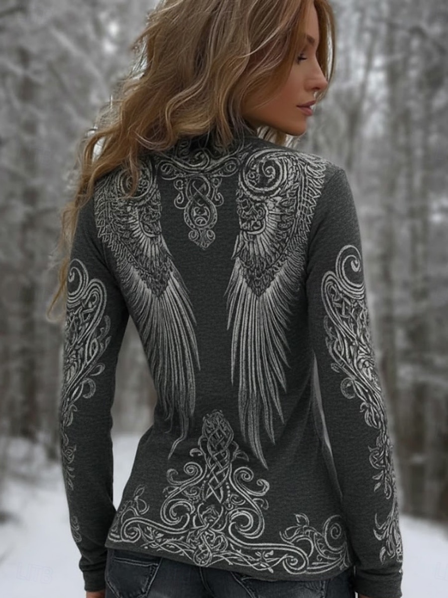 Damen Boho Viking Flügel T-Shirt Grafik Vintage Bohemia Vintage Mode Langarm Rundhals Reguläre Oberteile Täglicher Wochenenddruck Grau Frühling Herbst Winter 2026 - $24.99 –P3
