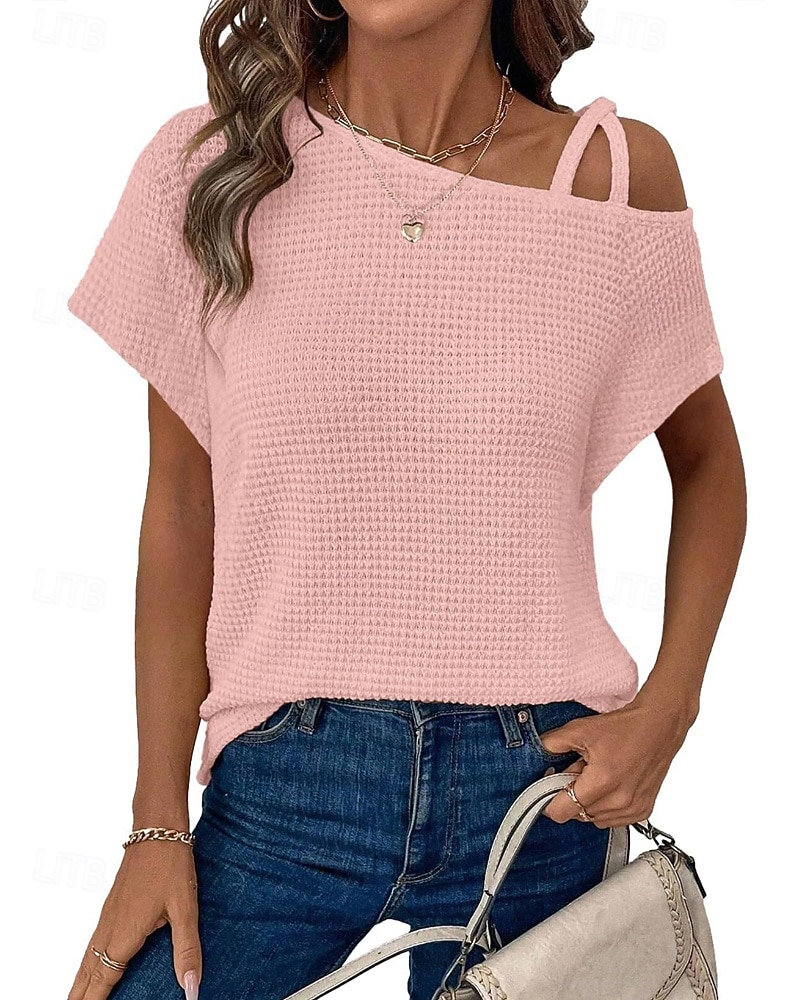 Mujer Camiseta Color sólido Vintage Elegante Manga Corta Cuello asimétrico Tops regulares Diario Noche Fin de semana Negro Blanco Rosa Caqui Verano Primavera 2026 - $25.99 –P1