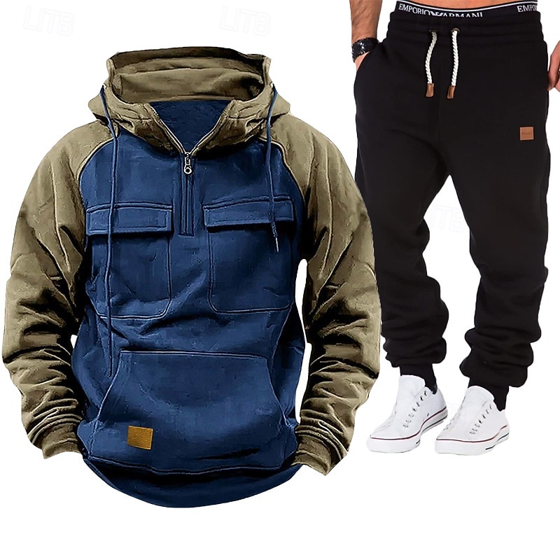 Homens Moletom Moletom com capuz e calças Conjunto Capuz Diário Ao ar livre Férias Roupa Diária Patchwork Bolsos Half Zip Bloco de cor Azul Vermelho Vinho Preto Roupas Esportivas Esportes Moda Outono de 2026 por $54.99 –P5