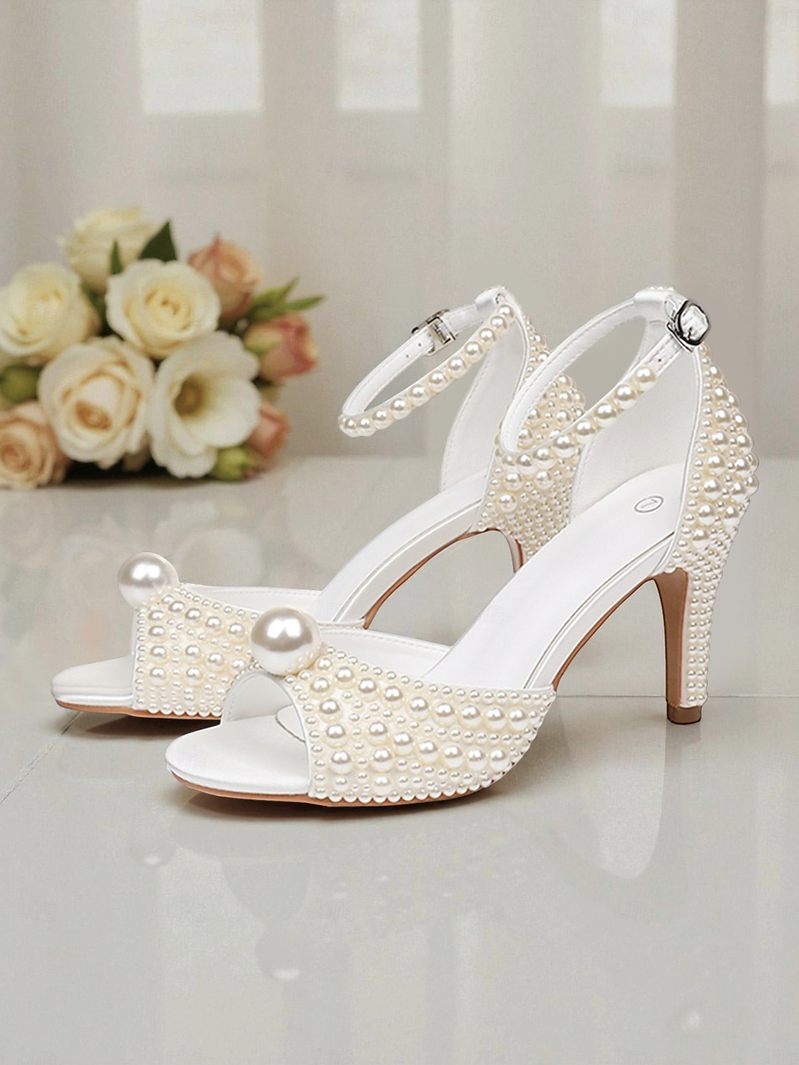 sandali da sposa con tacco alto decorati con perle e cinturino alla caviglia, eleganti scarpe da sposa aperte per la sposa, tacchi di lusso decorati con perle per la cerimonia &ricezione del 2026 a $64.99 –P7