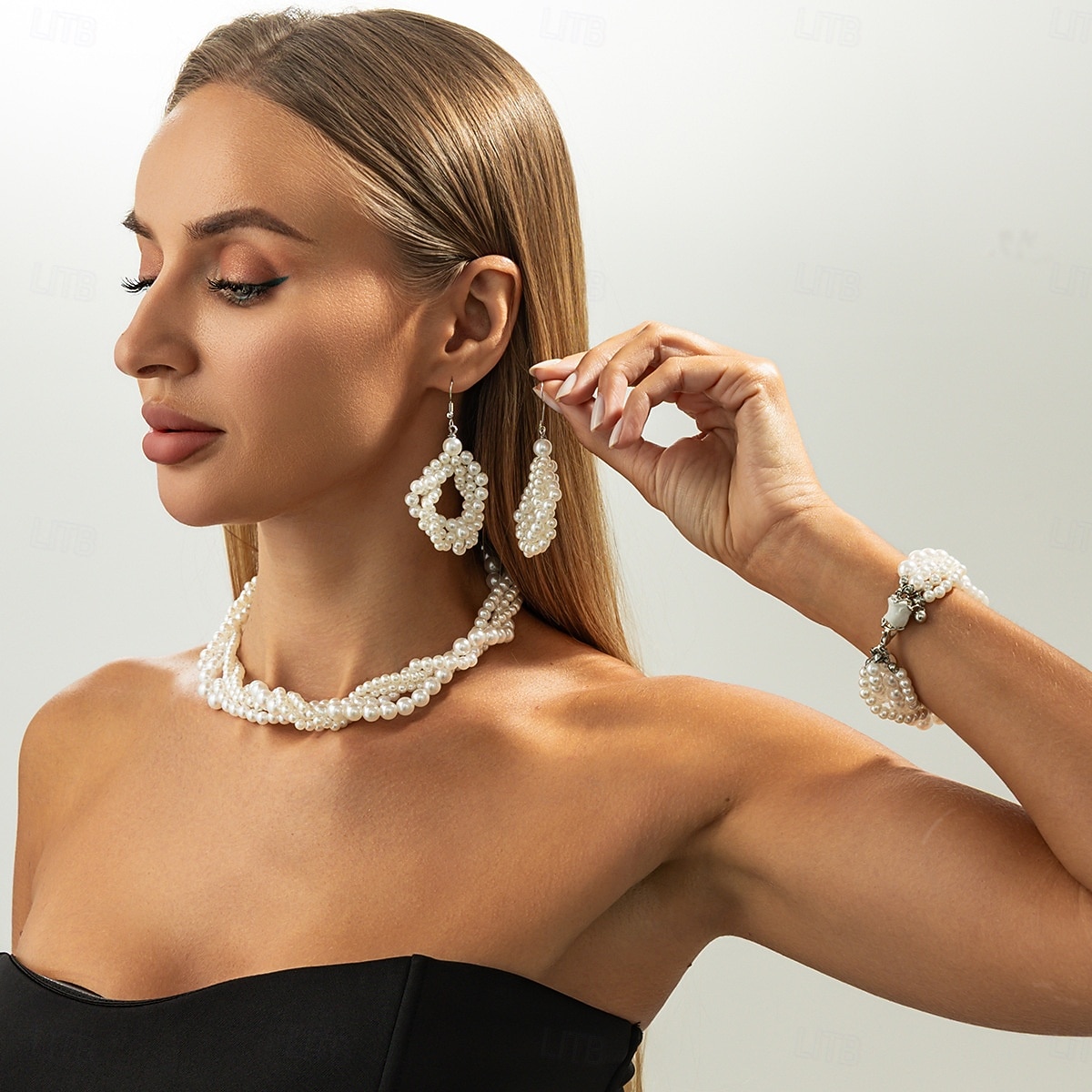 Dámská sada vícevrstvých perlových šperků - elegantní perlový náhrdelník, visací náušnice &náramek, klasický svatební styl pro nevěsty a družičky &svatební obřady 2026 - $11.99 –P4