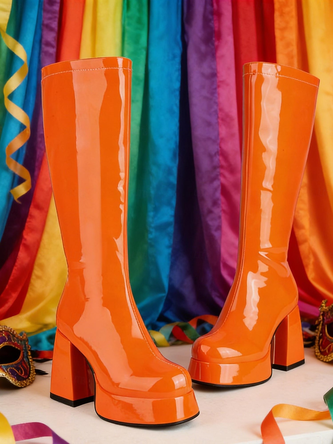 Women's Mardi Gras 1980s Retro Purple Platform Knee-High Boots with Block Heels – Shiny Patent Faux Leather, Perfect for Carnival Parades and Festive Celebrations 2026 - $84.99 –P8