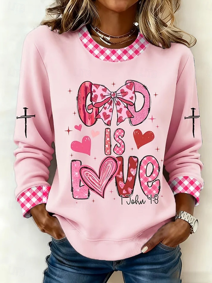 Mulheres Moletons Imprimir Coração Gráfico Moda Casual Manga Longa Gola Redonda Tops regulares Rua Dia a Dia Branco Rosa Bege Primavera Outono Faith de 2026 por $29.99 –P1