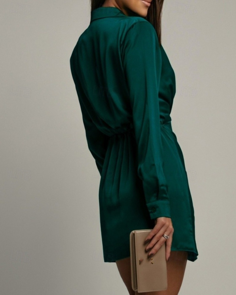 Femmes Mini Robe Robe en Satin Robe Chemise Robe froncée Moderne Quotidien Sortir Week-end Coupe régulière Uni manche longue Col de chemise Noir Vert foncé Marron Rose rouge Printemps Automne de 2026 ? $31.99 –P10