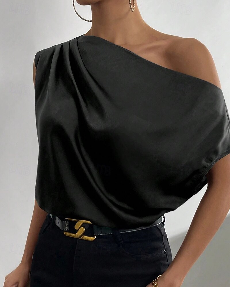 Per donna Camicia Elegant Top in raso Blusa Senza schiena Semplice Vintage Elegante Senza Maniche Asimmetrico Top Regolari Quotidiano Ferie Uscire Nero Verde chiaro Verde smeraldo Albicocca Estate del 2026 a $25.99 –P5