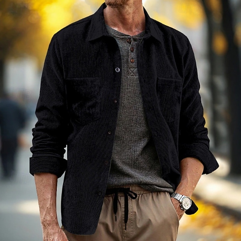 Per uomo Camicia Camicia casual Camicia da Spiaggia Camicia di Velluto a Coste Camicia con Bottoni Nero Giallo Kaki Manica Lunga Tinta unica Bavero Quotidiano Vacanza Tasca Abbigliamento Moda Casual del 2026 a $23.99 –P3