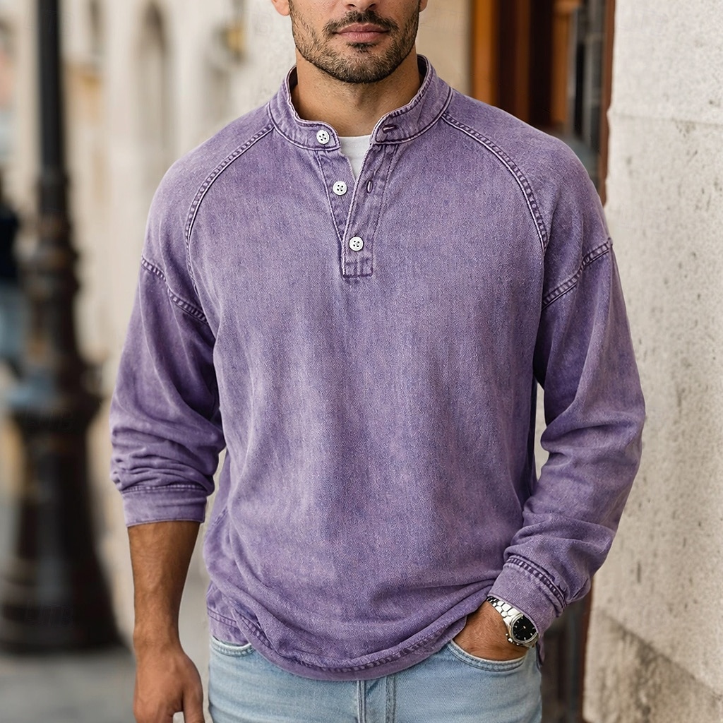 Camiseta SoftFade™ para hombres camiseta Henley 100% algodón camisa de lavado ácido camiseta camiseta de manga larga cuello de pie Henley primavera otoño simple vintage moda callejera casual teñida 2026 - $31.99 –P2