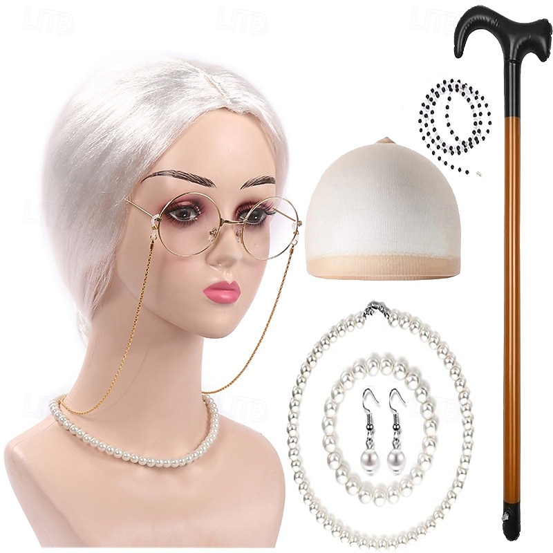 Peluca de anciana con rulos, collar de perlas, pendientes y bastón para mujeres y niñas, disfraz de abuela para cosplay de 100 días de escuela, accesorio para fiesta de Halloween 2026 - $27.99 –P9
