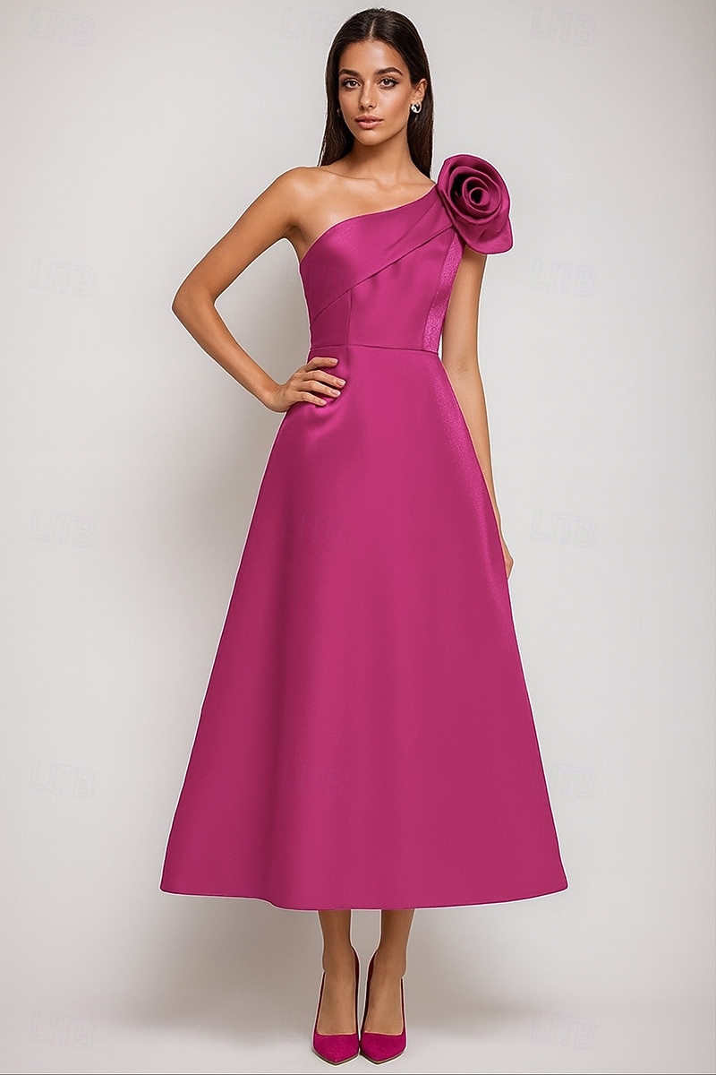 A-Line Tea Length Cocktail Dresses Elegant Silky Semi Formal Sleeveless One Shoulder Garden Party Wedding Satin with Shouder Flower 2026 - $159.99 –P5