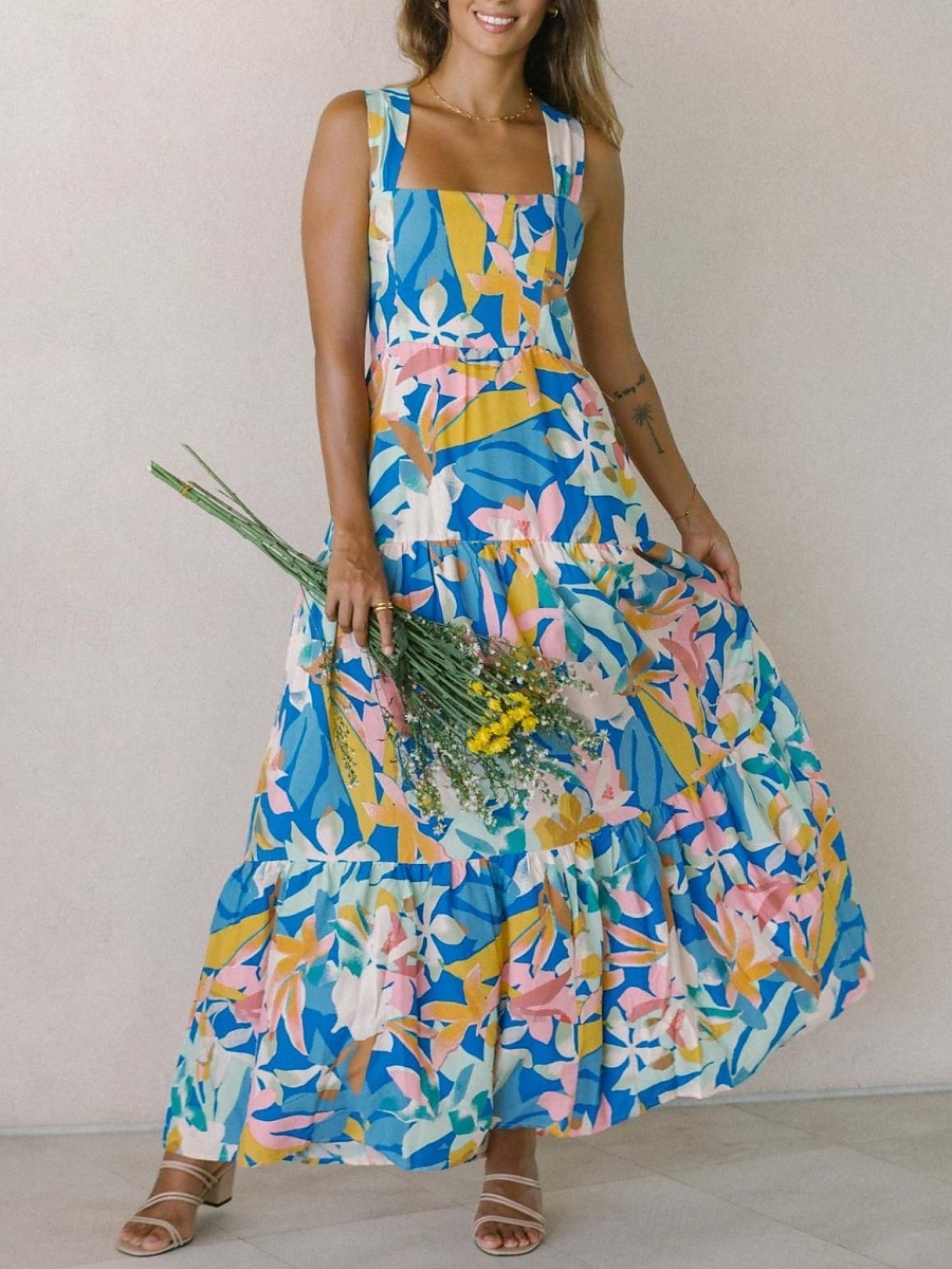 Damskie Sukienka maxi Sukienka A line Sukienka na ramiączkach Urlop Codzienny Na zewnątrz Wyjściowe Luźna Kwiaty Graficzny Bez rękawów Cienkie ramiączka Niebieski Błękit nieba Pomarańczowy Zielony 2026 - $33.99 –P21