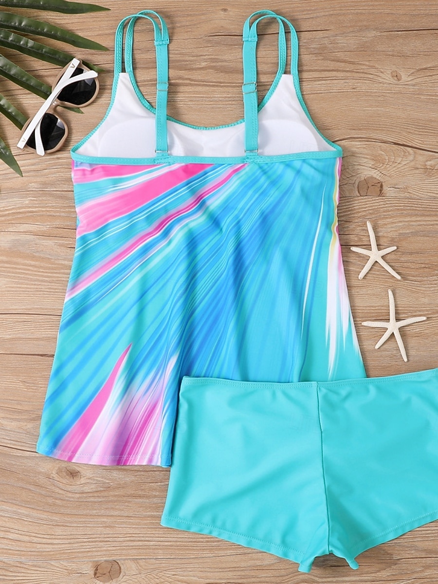 Maillot de bain tankini 2 pièces femme palmiers short contrôle du ventre taille haute slim dos nu vacances plage dégradé géométrique col en U sans manches de 2026 ? $33.99 –P7