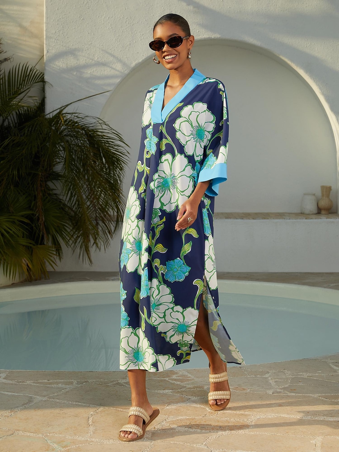 abito lungo da vacanza in rayon con maniche a dolman e motivo floreale color block del 2026 a $102.99 –P1