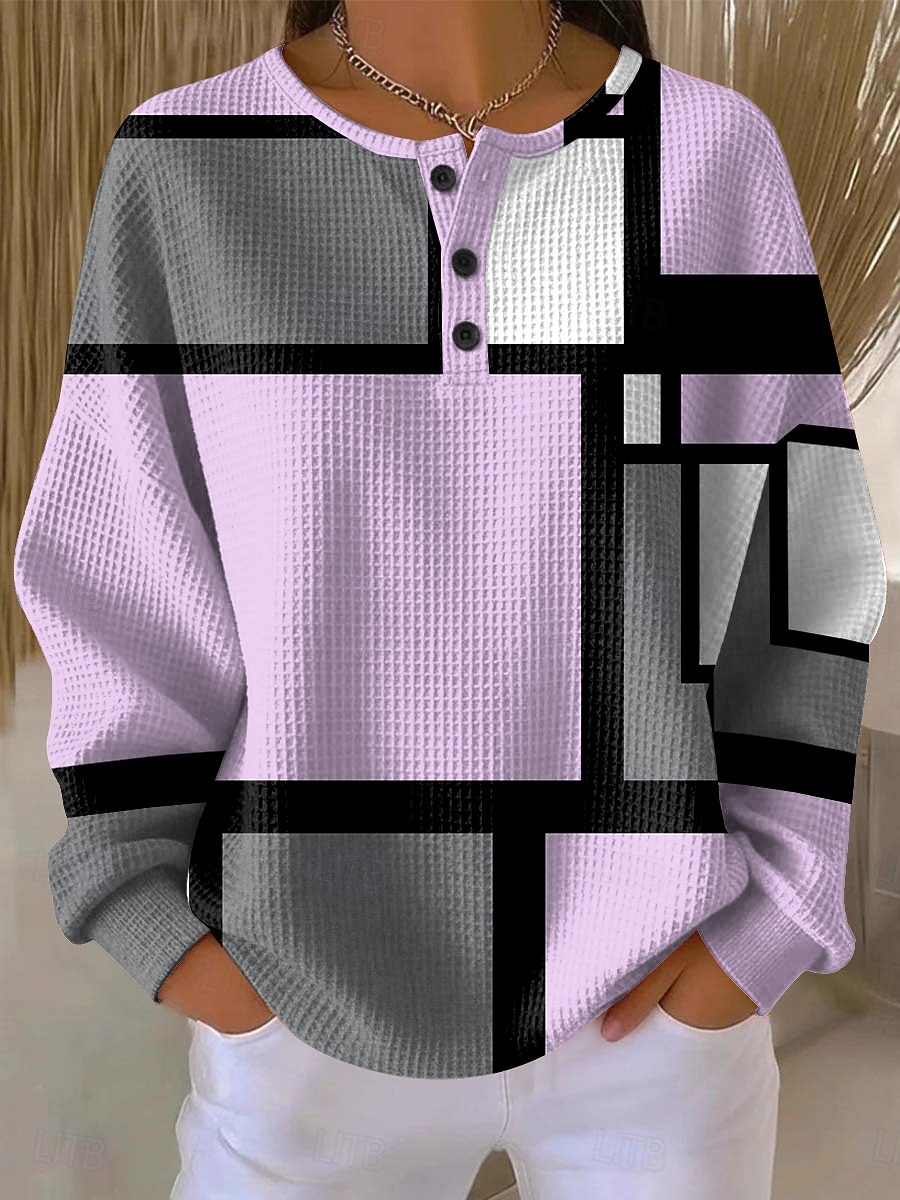 Dam Huvtröjor Knappar Grafisk Geometrisk Färgblock Mode Ledigt Tryck Långärmad Rund hals Vanliga toppar Ledigt Gata Blå Rodnande Rosa Purpur Grön Höst Vinter 2026 - $28.99 –P3