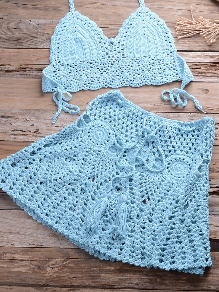 Damen Bikini 2-teiliges Badeanzug Rock Strick Rücklos Urlaub Strandbekleidung Einfarbiger Halter-Ausschnitt Ärmelloses Badeanzug 2026 - $41.99 –P11