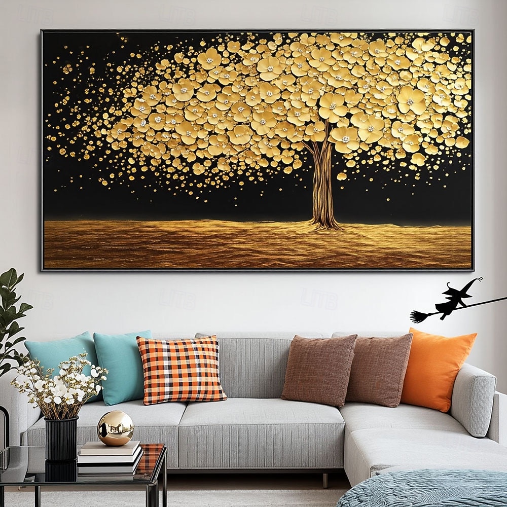 油彩画 金色の木 テクスチャーアート 2026年 金色の抽象的な木の絵、金色の花のキャンバスのテクスチャ絵画