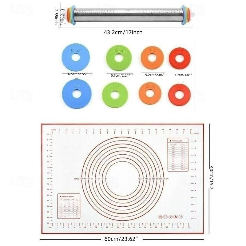 Deegroller met verstelbare dikte en mat, roestvrijstalen deegroller met maatverdeling, verstelbare dikte voor het bakken, inclusief mat en deegset voor gemakkelijk uitrollen. 2026 - $26.99 –P7