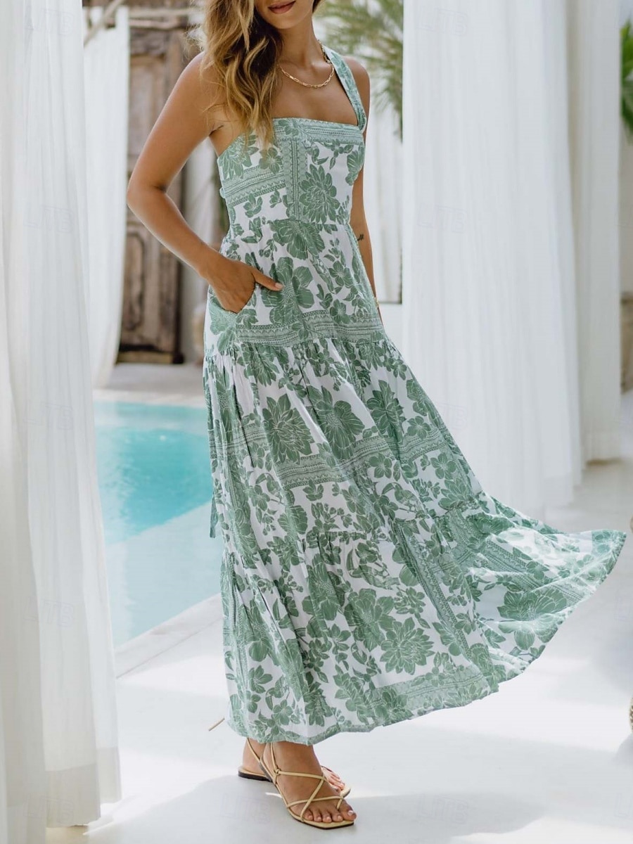 Damskie Sukienka maxi Sukienka A line Sukienka na ramiączkach Urlop Codzienny Na zewnątrz Wyjściowe Luźna Kwiaty Graficzny Bez rękawów Cienkie ramiączka Niebieski Błękit nieba Pomarańczowy Zielony 2026 - $33.99 –P5