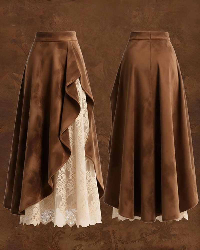 Mujer Vintage Moda Casual Maxi Alta cintura Faldas Plano Encaje Retazos Rígido Microelástico Diario Calle Marrón Primavera 2026 - $42.99 –P3