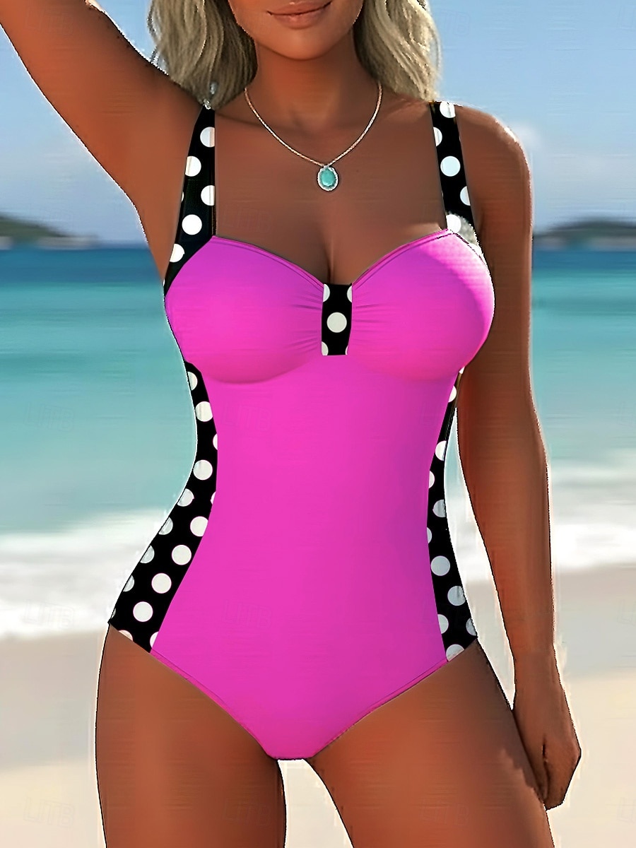البيكيني النسائي من قطعة واحدة بتصميم نحيف مع حمالة تحتية بنقشة ألوان أنيقة لعطلة بنقاط البولكا هندسية ريشة بدون أكمام 2026 - $29.99 –P8