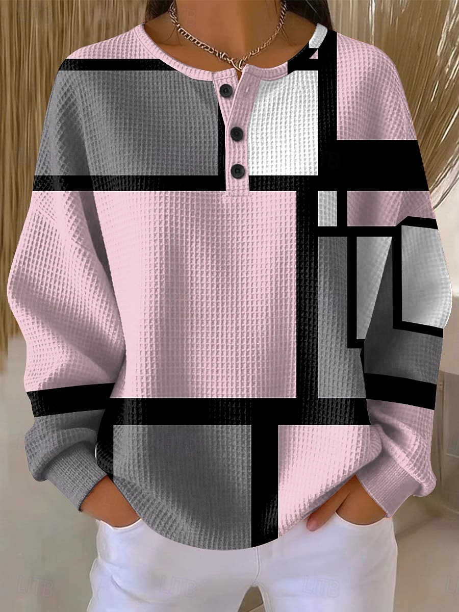 Dam Huvtröjor Knappar Grafisk Geometrisk Färgblock Mode Ledigt Tryck Långärmad Rund hals Vanliga toppar Ledigt Gata Blå Rodnande Rosa Purpur Grön Höst Vinter 2026 - $28.99 –P1