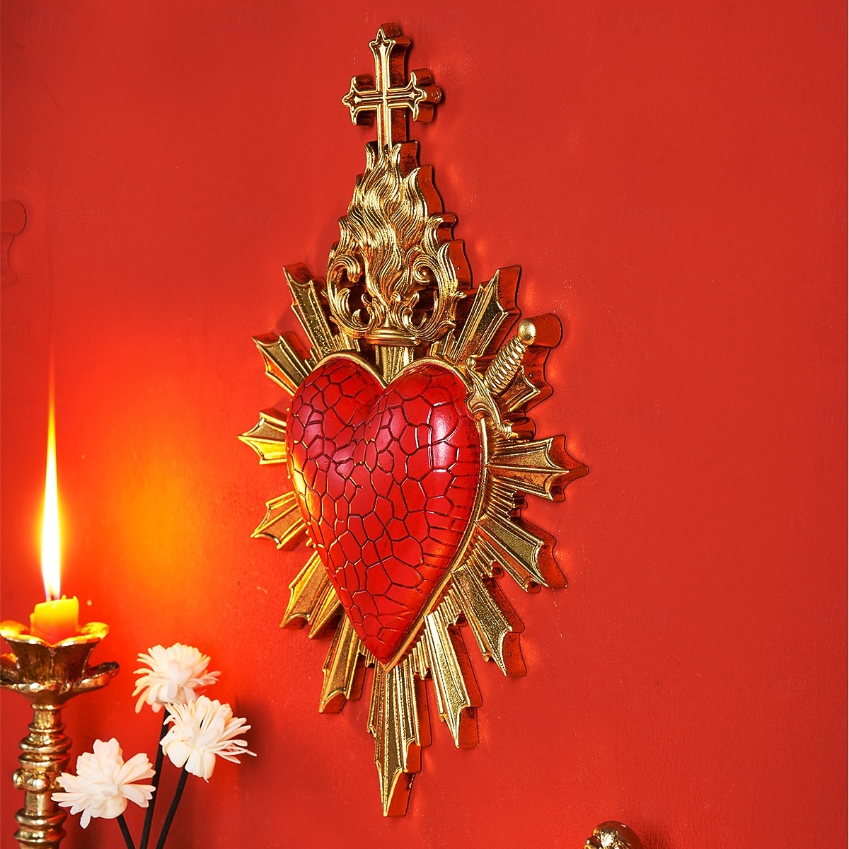 לב קדוש עם חץ לוהט לקישוט קיר, קישוט תלייה דתי בעבודת יד משרף, קישוט קיר רקע בסגנון אירופאי לבית, מלון &אבזרי צילום 2026 - $32.99 –P3