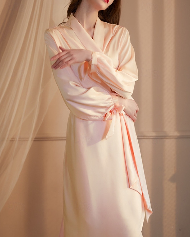 Dámské Župan Na běžné nošení Měkké Satén Čistá barva Nabírané šaty Šněrování Denní Domů Postel Dlouhý rukáv Do V Černá Bílá Šampaňská Světlá růžová Fialová Léto Jaro Běžný 2026 - $54.99 –P7